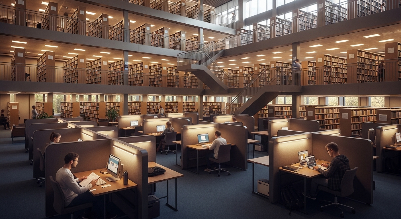 Thư viện đại học hiện đại, nhiều tầng với các khu vực học tập riêng tư và sinh viên đang nghiên cứu, thể hiện môi trường học thuật chất lượng cao tại một trong tốp 100 trường đại học chất lượng nhất Việt Nam. Thư viện đại học hiện đại, nhiều tầng với các khu vực học tập riêng tư và sinh viên đang nghiên cứu, thể hiện môi trường học thuật chất lượng cao tại một trong tốp 100 trường đại học chất lượng nhất Việt Nam.