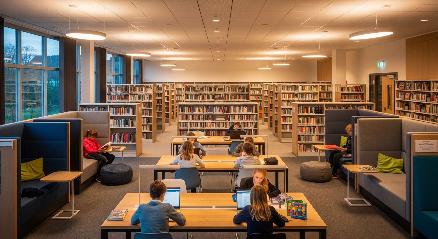 Thư viện trường học hiện đại, rộng rãi với kệ sách cao, góc đọc ấm cúng và học sinh đang tập trung học bài. Một không gian lý tưởng như tại các trường THPT tốt nhất Hà Nội.