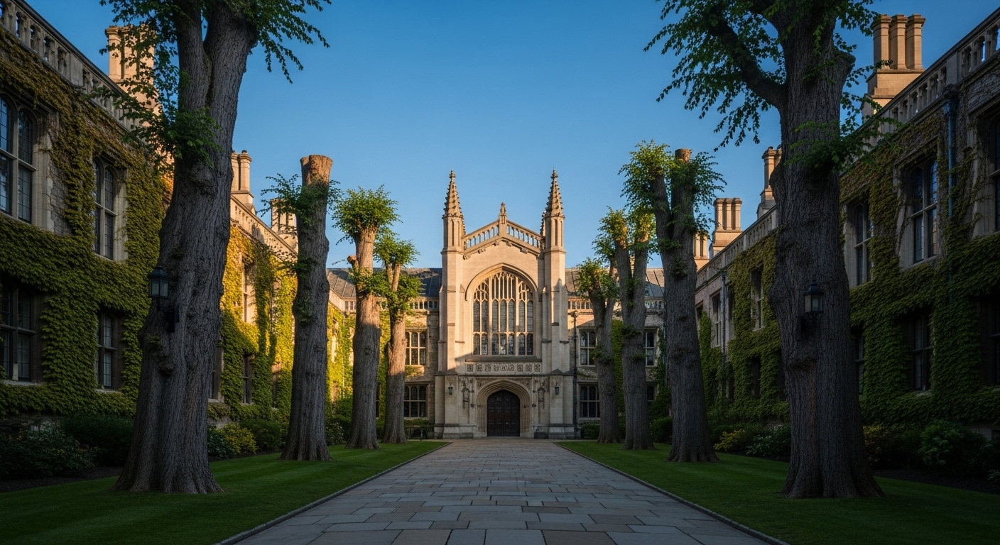 Trường đại học cổ kính hùng vĩ với tường đá phủ dây leo, cửa sổ vòm, tượng trưng cho các trường đại học tốt nhất thế giới 2025. Con đường rợp bóng cây dưới trời xanh và ánh nắng sớm thanh bình.