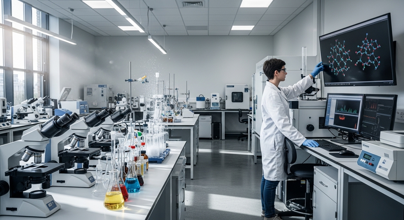 Phòng thí nghiệm nghiên cứu đại học hiện đại, sáng sủa với thiết bị khoa học tiên tiến, có nhà nghiên cứu áo blouse. Thể hiện cơ sở vật chất đạt chuẩn của các top 100 trường đại học toàn cầu.