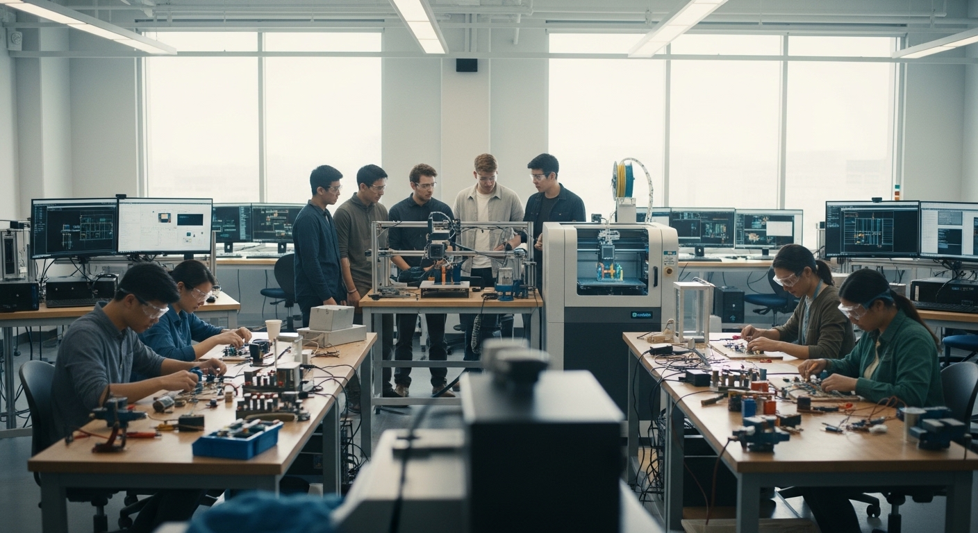 Sinh viên trong phòng thí nghiệm kỹ thuật hiện đại của các trường đại học tại TP.HCM, quan sát máy in 3D và lắp ráp mạch điện tử.