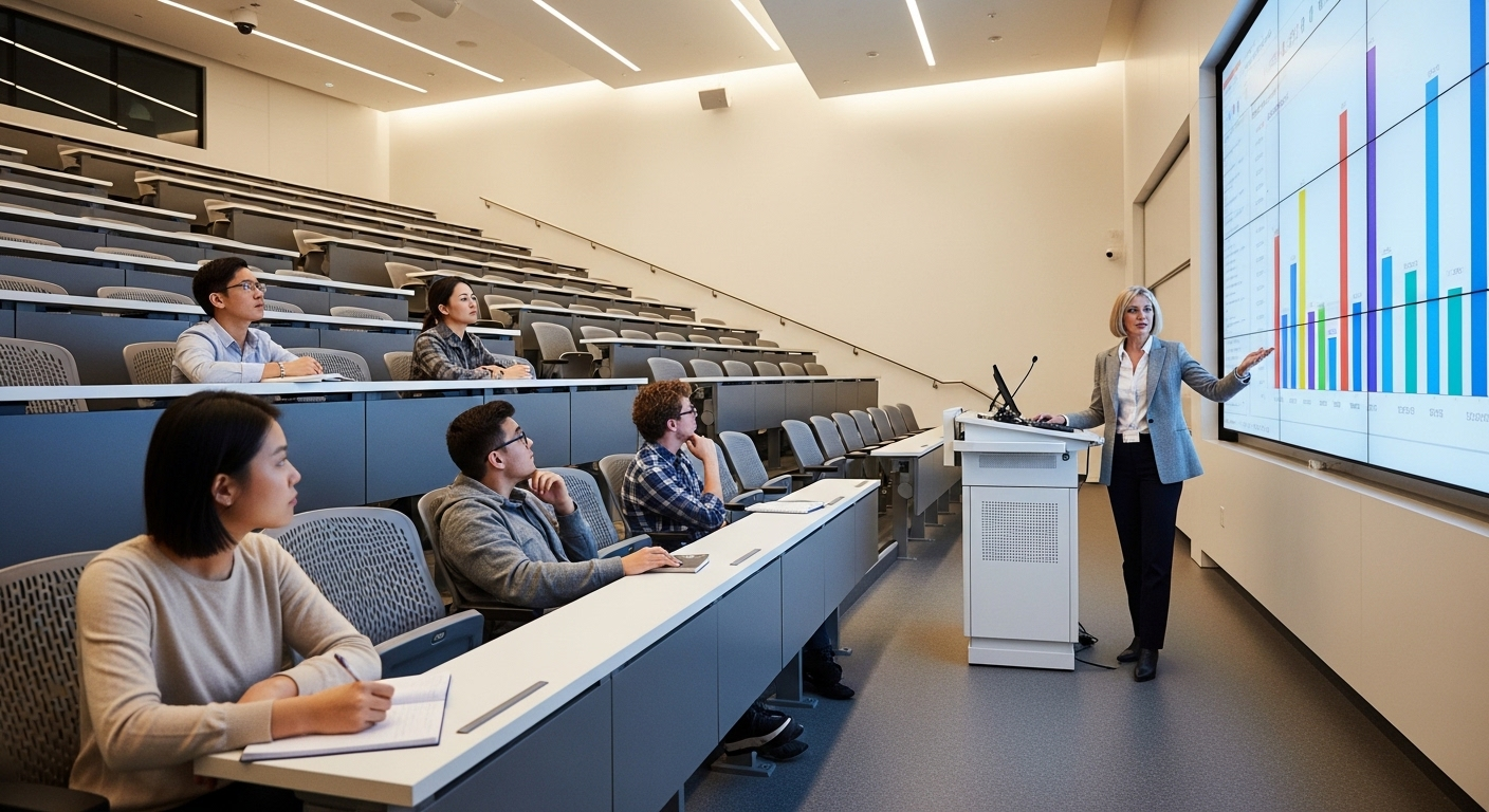 Giảng đường đại học hiện đại, sáng sủa với giáo sư đang giảng bài và sinh viên ghi chép trước màn hình kỹ thuật số lớn – hình ảnh thường thấy tại một trong những đại học tốt nhất Việt Nam.