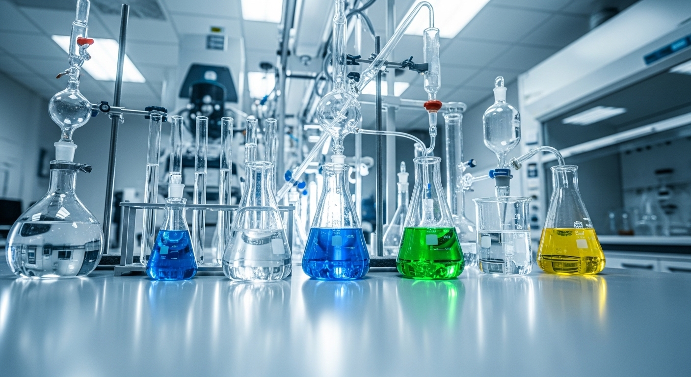 Phòng thí nghiệm khoa học hiện đại, vô trùng với dụng cụ thủy tinh sáng bóng, tiêu biểu cho chất lượng đào tạo tại các trường thuộc bảng xếp hạng đại học khối sức khỏe.