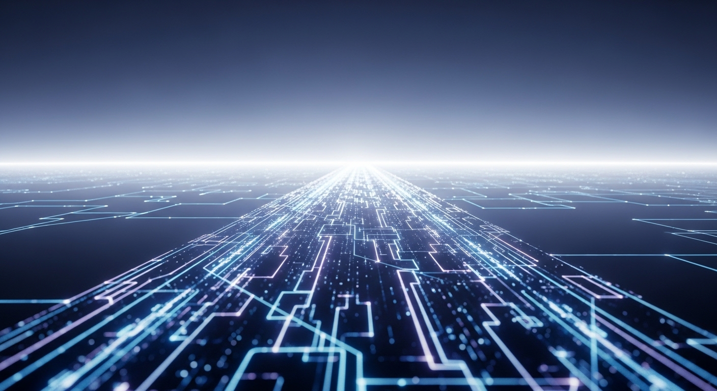 Con đường kỹ thuật số trừu tượng, phát sáng, mở ra cơ hội tương lai rộng lớn cho sinh viên từ các trường đại học có ngành công nghệ thông tin.