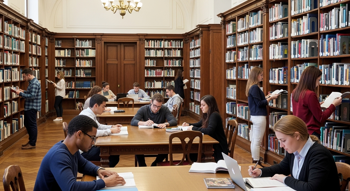 Thư viện đại học rộng rãi, sáng sủa với sinh viên đang học bài và tìm sách, minh họa không gian học tập tại các trường đại học top đầu Hà Nội. Thư viện đại học rộng rãi, sáng sủa với sinh viên đang học bài và tìm sách, minh họa không gian học tập tại các trường đại học top đầu Hà Nội.