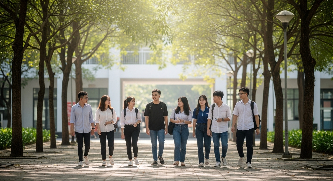 Nhóm sinh viên trẻ đang đi bộ và trò chuyện trên lối đi rợp bóng cây trong khuôn viên một trong các trường đại học ở Đà Nẵng.