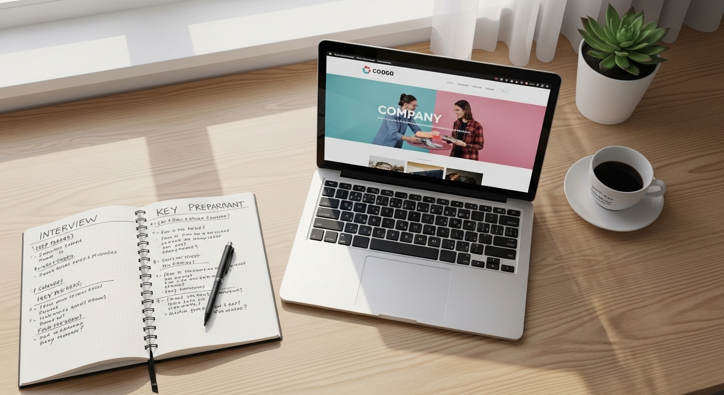 Bàn làm việc gọn gàng với laptop và sổ tay, minh họa việc chuẩn bị phỏng vấn chuyên nghiệp sau khi trả lời thư mời phỏng vấn thành công. Cốc cà phê và cây xanh dưới ánh sáng cửa sổ dịu nhẹ.