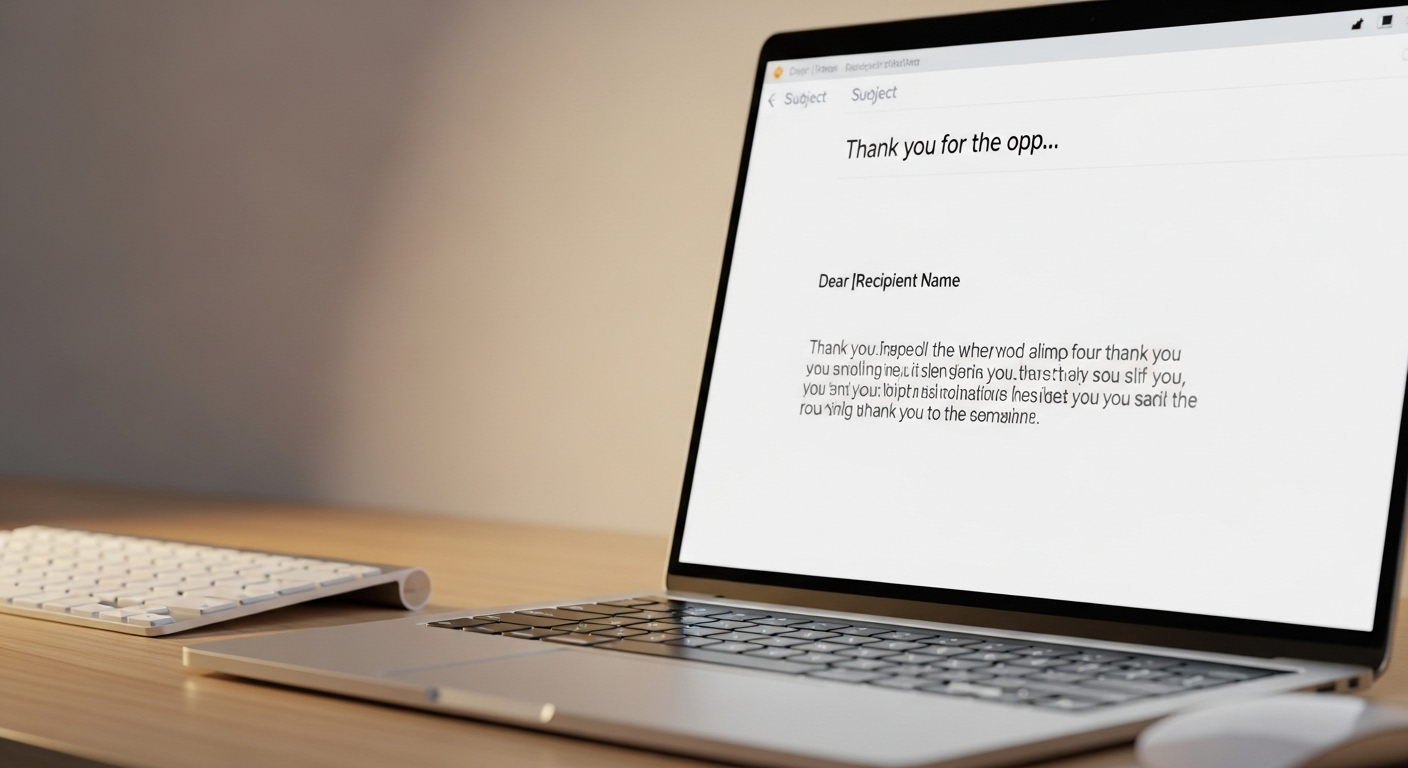 Cận cảnh màn hình laptop hiển thị bản nháp email thư cảm ơn sau phỏng vấn chuyên nghiệp, trên bàn làm việc có bàn phím và chuột.