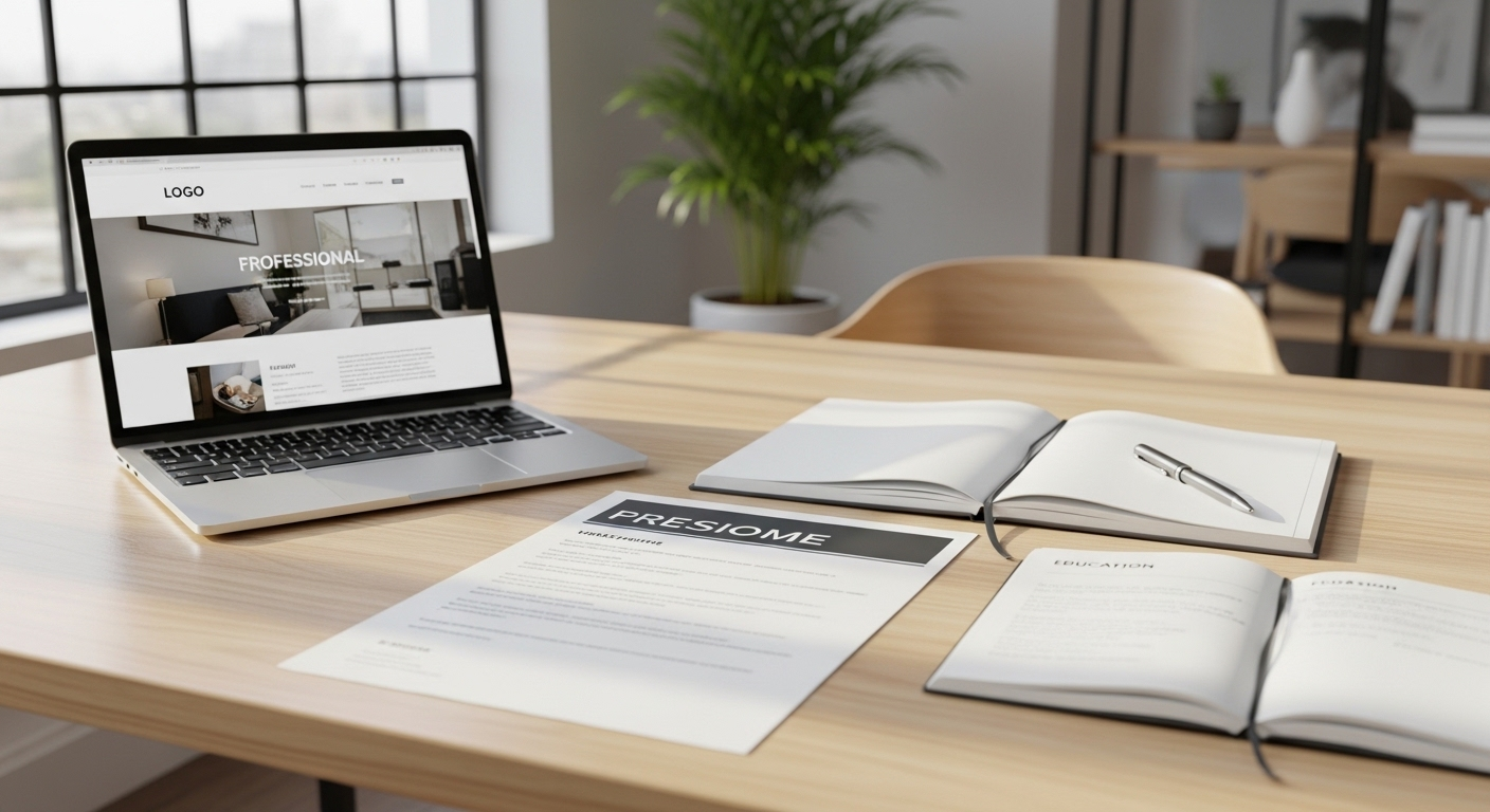 Bàn làm việc ngăn nắp với laptop, CV và sổ tay, chuẩn bị kỹ lưỡng cho các câu hỏi phỏng vấn thực tập sinh.