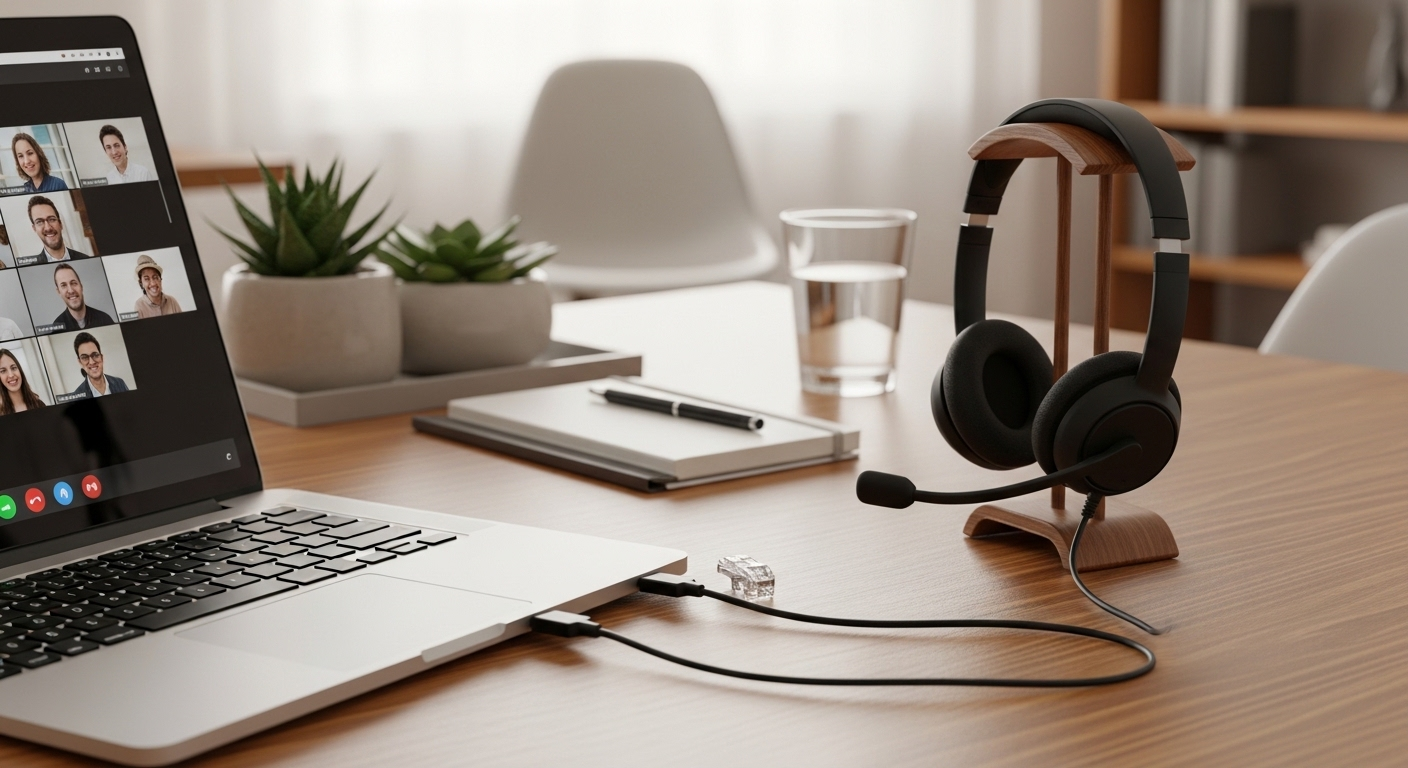 Bàn làm việc gọn gàng chuẩn bị cho phỏng vấn Online, với laptop, tai nghe chuyên nghiệp và cáp ethernet. Setup này thể hiện sự chuẩn bị kỹ lưỡng và kỹ năng phỏng vấn Online hiệu quả. Bàn làm việc gọn gàng chuẩn bị cho phỏng vấn Online, với laptop, tai nghe chuyên nghiệp và cáp ethernet. Setup này thể hiện sự chuẩn bị kỹ lưỡng và kỹ năng phỏng vấn Online hiệu quả.