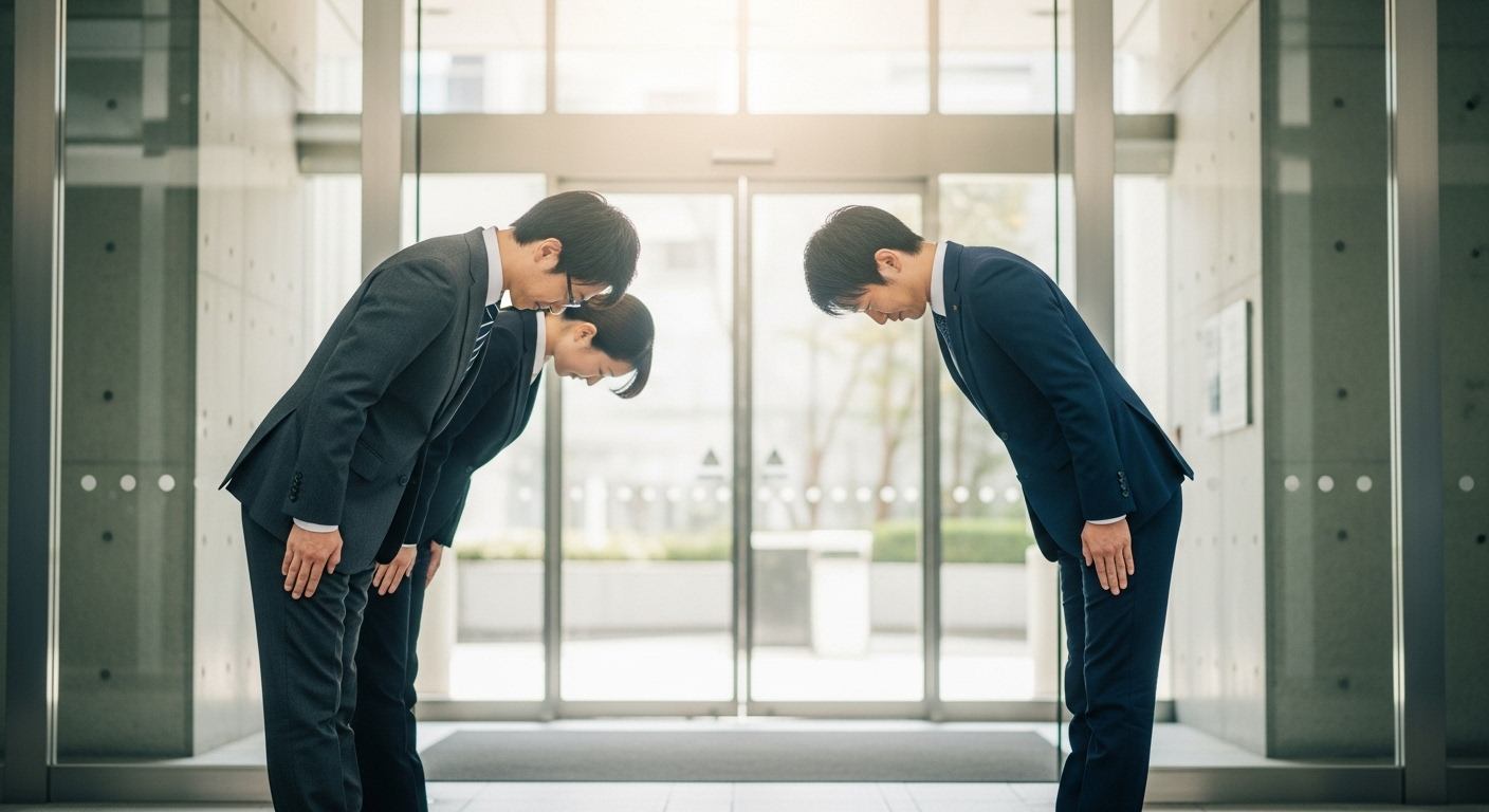 Hai chuyên gia cúi chào kiểu Nhật trang trọng tại lối vào văn phòng hiện đại, thể hiện nghi thức kinh doanh chuyên nghiệp. Hiểu rõ văn hóa này là chìa khóa để tự tin đối mặt với câu hỏi phỏng vấn tiếng Nhật.