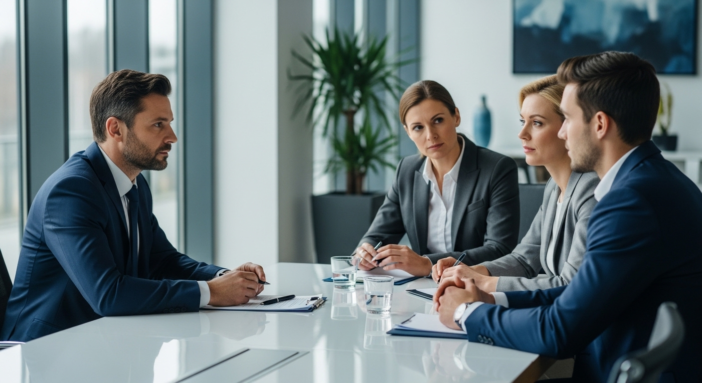 Phỏng vấn xin việc chuyên nghiệp trong văn phòng hiện đại, ứng viên và hai nhà tuyển dụng đang thảo luận các câu hỏi phỏng vấn tiếng Hàn.