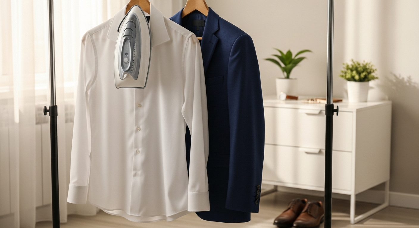 Áo sơ mi và blazer công sở chuyên nghiệp, treo gọn gàng, sẵn sàng cho một ngày mới hoặc buổi phỏng vấn quan trọng. Chuẩn bị trang phục tươm tất kết hợp với việc tìm hiểu kỹ 10 câu hỏi phỏng vấn thường gặp và cách trả lời sẽ giúp bạn tự tin.