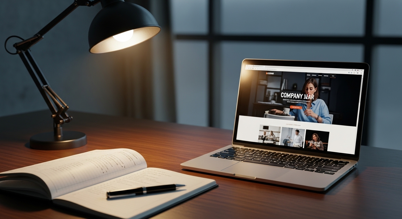 Bàn làm việc gọn gàng với laptop hiển thị trang web công ty, sổ tay mở và bút, thể hiện sự chuẩn bị chuyên nghiệp cho buổi phỏng vấn xin việc bằng tiếng Anh.