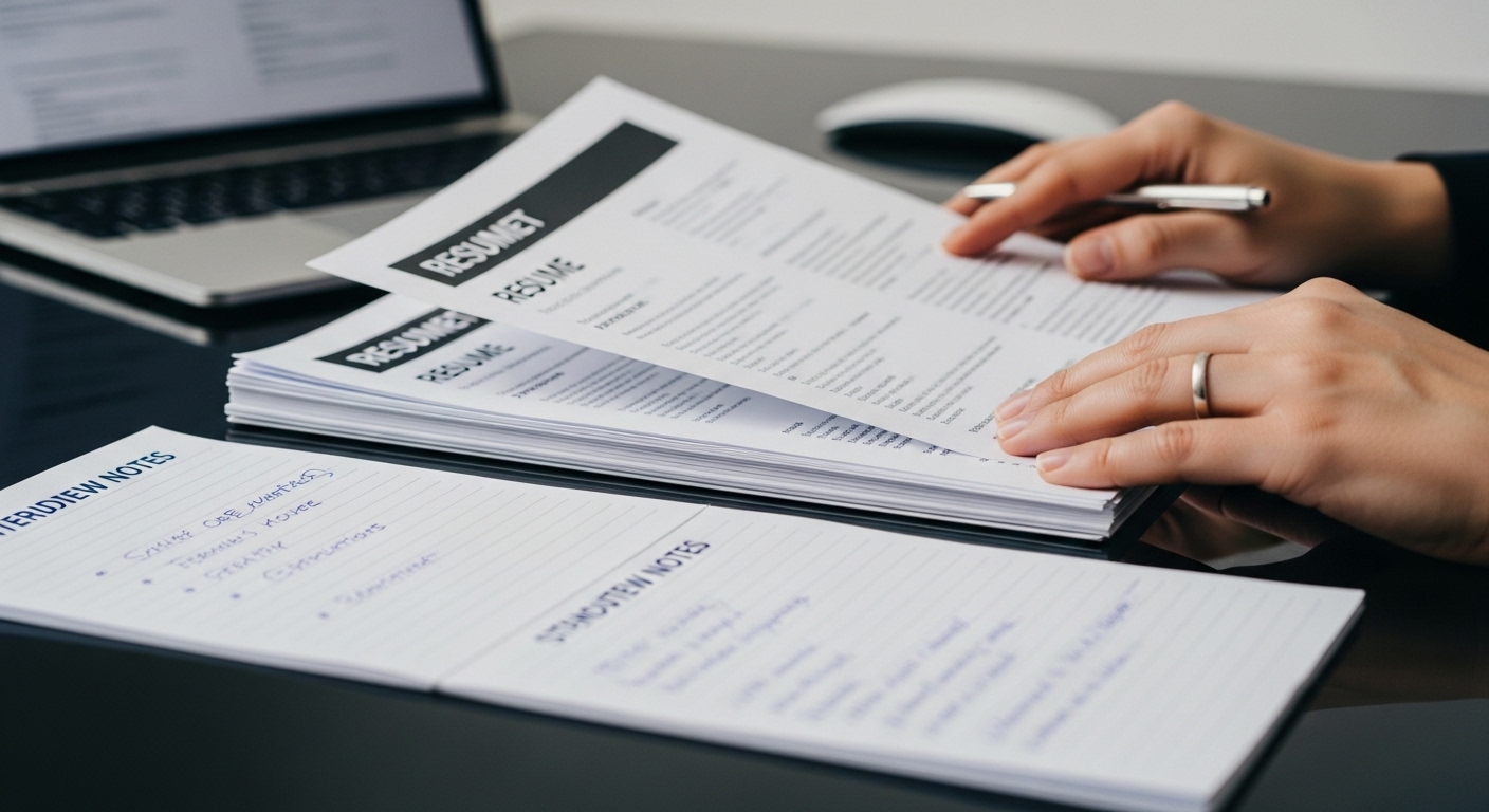 Cận cảnh tay nhà tuyển dụng đang xem xét hồ sơ ứng viên và ghi chú các câu hỏi phỏng vấn cho nhà tuyển dụng một cách chuyên nghiệp.