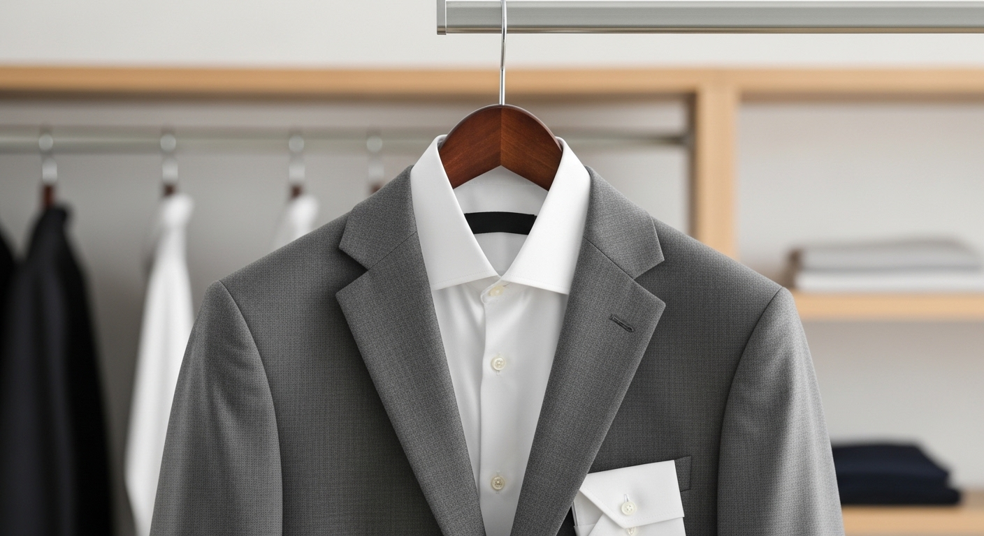 Áo blazer màu trung tính và sơ mi trắng tinh tươm trên móc áo, trang phục chuyên nghiệp sẵn sàng cho buổi phỏng vấn và các câu hỏi phỏng vấn xin việc.