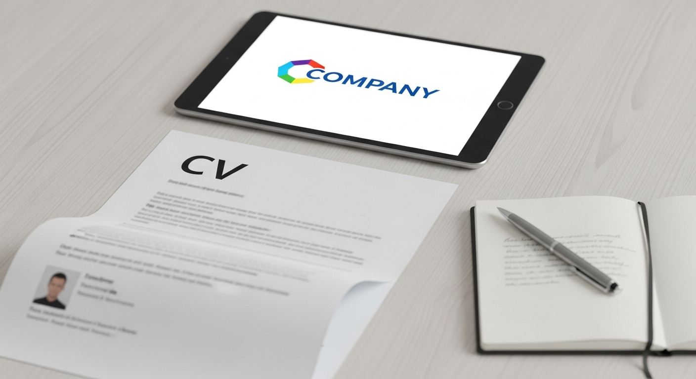 Bàn làm việc chuyên nghiệp gọn gàng với CV, bút, sổ tay, tablet logo công ty. Đây là bộ dụng cụ thiết yếu để chuẩn bị tốt cho các câu hỏi phỏng vấn xin việc.