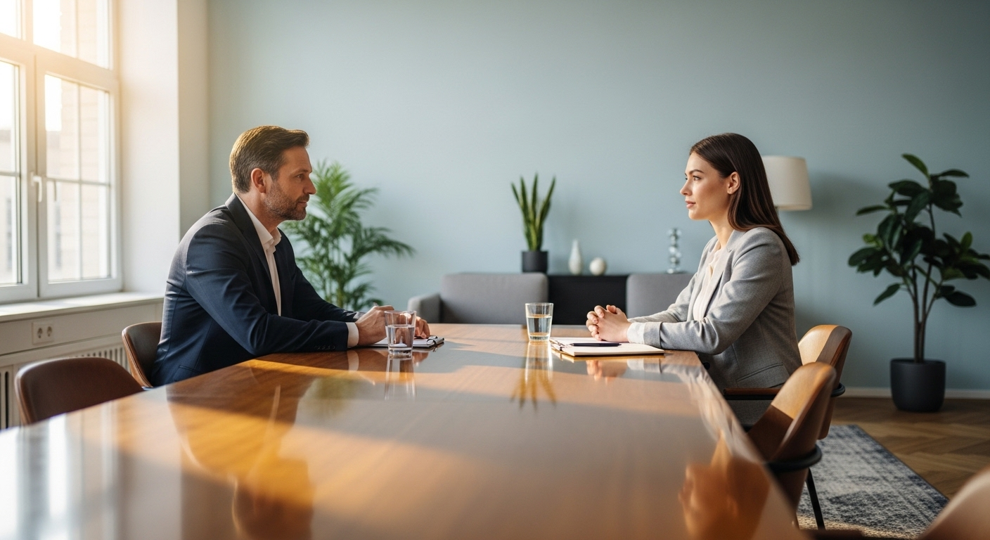Buổi phỏng vấn xin việc chuyên nghiệp trong văn phòng hiện đại, nơi ứng viên và người phỏng vấn đang trao đổi các câu hỏi phỏng vấn dưới ánh sáng tự nhiên.
