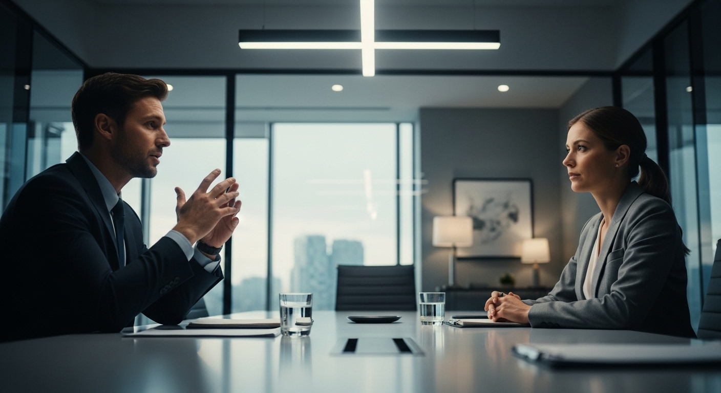 Hai chuyên gia trao đổi chuyên nghiệp tại bàn họp, minh họa Cách tự tin phỏng vấn và giao tiếp hiệu quả. Hai chuyên gia trao đổi chuyên nghiệp tại bàn họp, minh họa Cách tự tin phỏng vấn và giao tiếp hiệu quả.