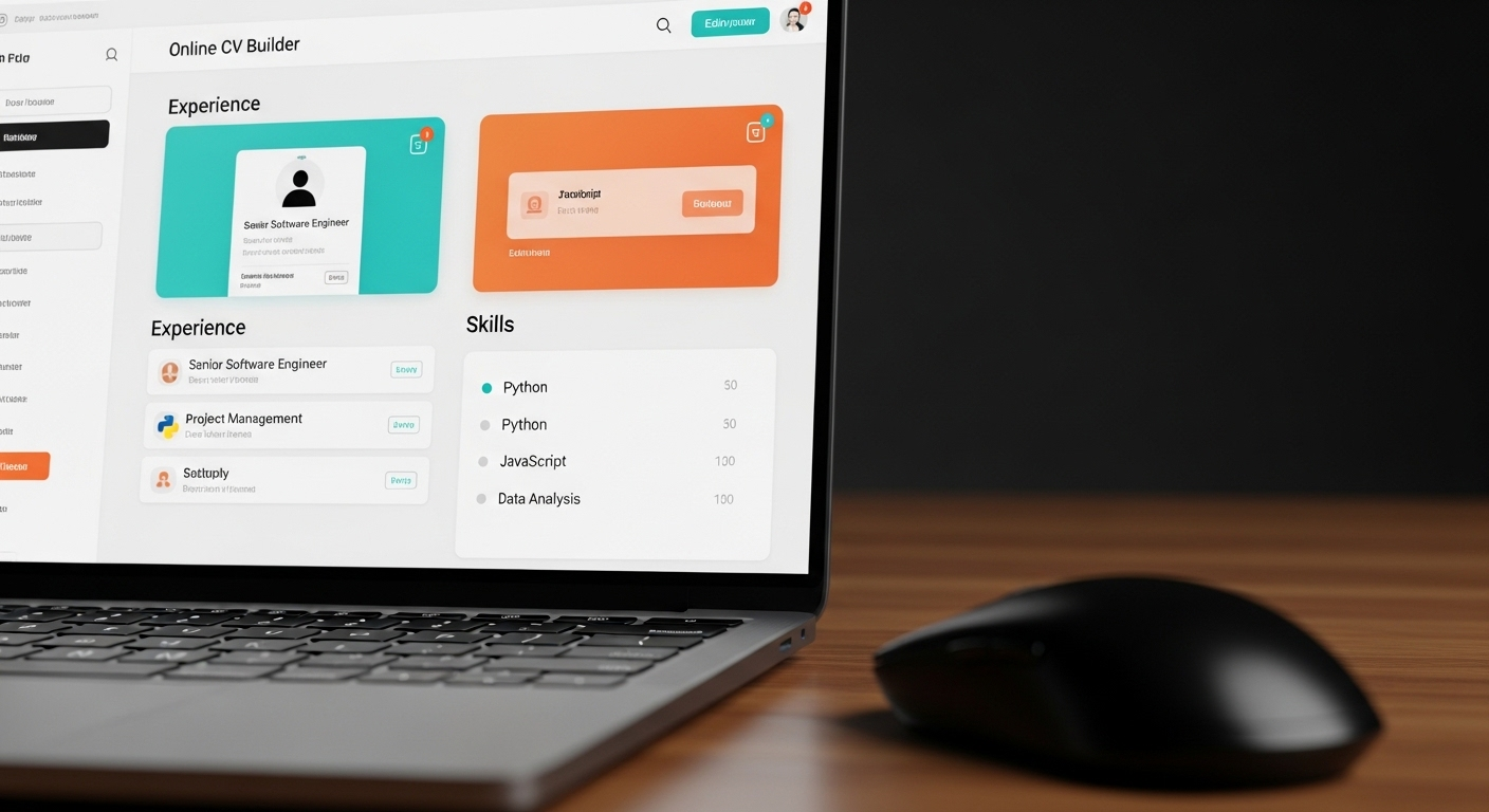Màn hình laptop hiển thị công cụ tạo CV xin việc online với mẫu thiết kế hiện đại, dễ dàng chỉnh sửa kinh nghiệm và kỹ năng.