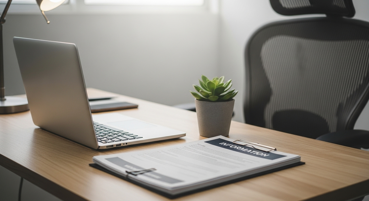 Bàn làm việc hiện đại đã chuẩn bị sẵn sàng cho nhân viên mới, với laptop, cây cảnh và tài liệu, bao gồm thư chào mừng nhân viên mới.