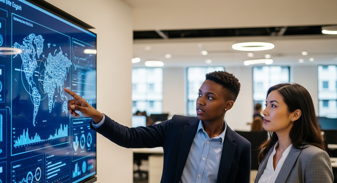 Hai chuyên gia tại văn phòng hiện đại đang tương tác với màn hình dữ liệu lớn, minh họa một phần quy trình đào tạo nhân viên mới hiệu quả. Hai chuyên gia tại văn phòng hiện đại đang tương tác với màn hình dữ liệu lớn, minh họa một phần quy trình đào tạo nhân viên mới hiệu quả.