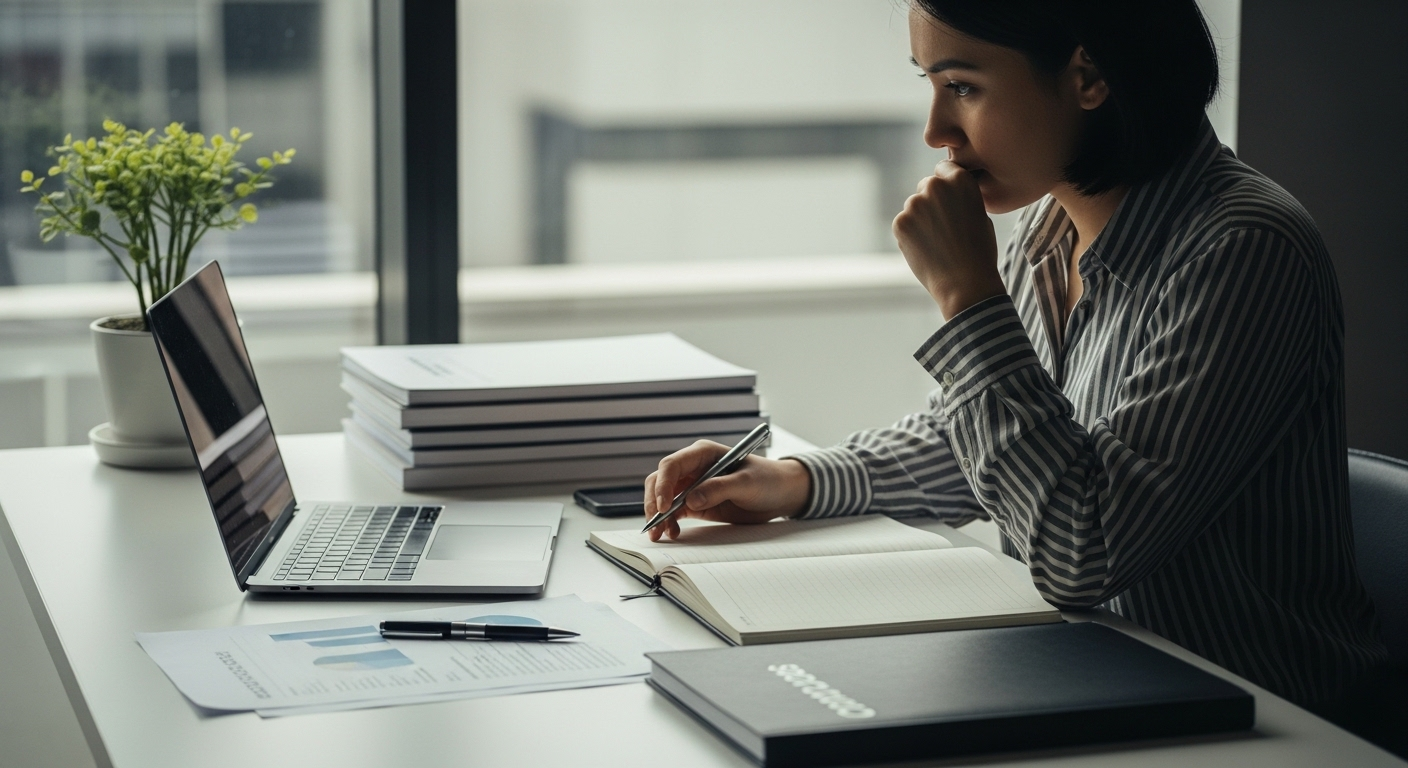 Một người tại bàn làm việc hiện đại, tập trung nghiên cứu trên laptop với sổ tay và tài liệu gọn gàng, tìm hiểu cách trả lời phỏng vấn hiệu quả. Một người tại bàn làm việc hiện đại, tập trung nghiên cứu trên laptop với sổ tay và tài liệu gọn gàng, tìm hiểu cách trả lời phỏng vấn hiệu quả.