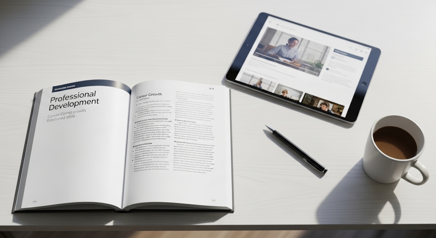 Góc nhìn từ trên cao bàn làm việc với sách giáo trình và máy tính bảng hiển thị giao diện học trực tuyến, giúp bạn đạt chứng chỉ nhân sự và phát triển chuyên môn hiệu quả.