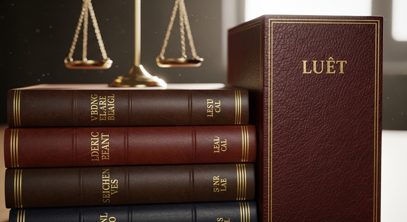 Chồng sách luật bìa da được sắp xếp tỉ mỉ, chữ 'LUẬT' rõ ràng trên gáy, tượng trưng cho kiến thức pháp lý và nhu cầu tuyển dụng nhân lực ngành Luật ngày càng cao.