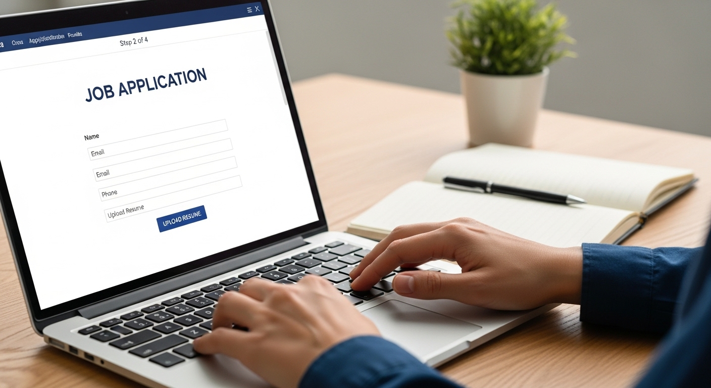 Cận cảnh tay vận hành laptop hiển thị cổng ứng tuyển cho vị trí thực tập sinh nhân sự, bàn làm việc gọn gàng trong văn phòng chuyên nghiệp.