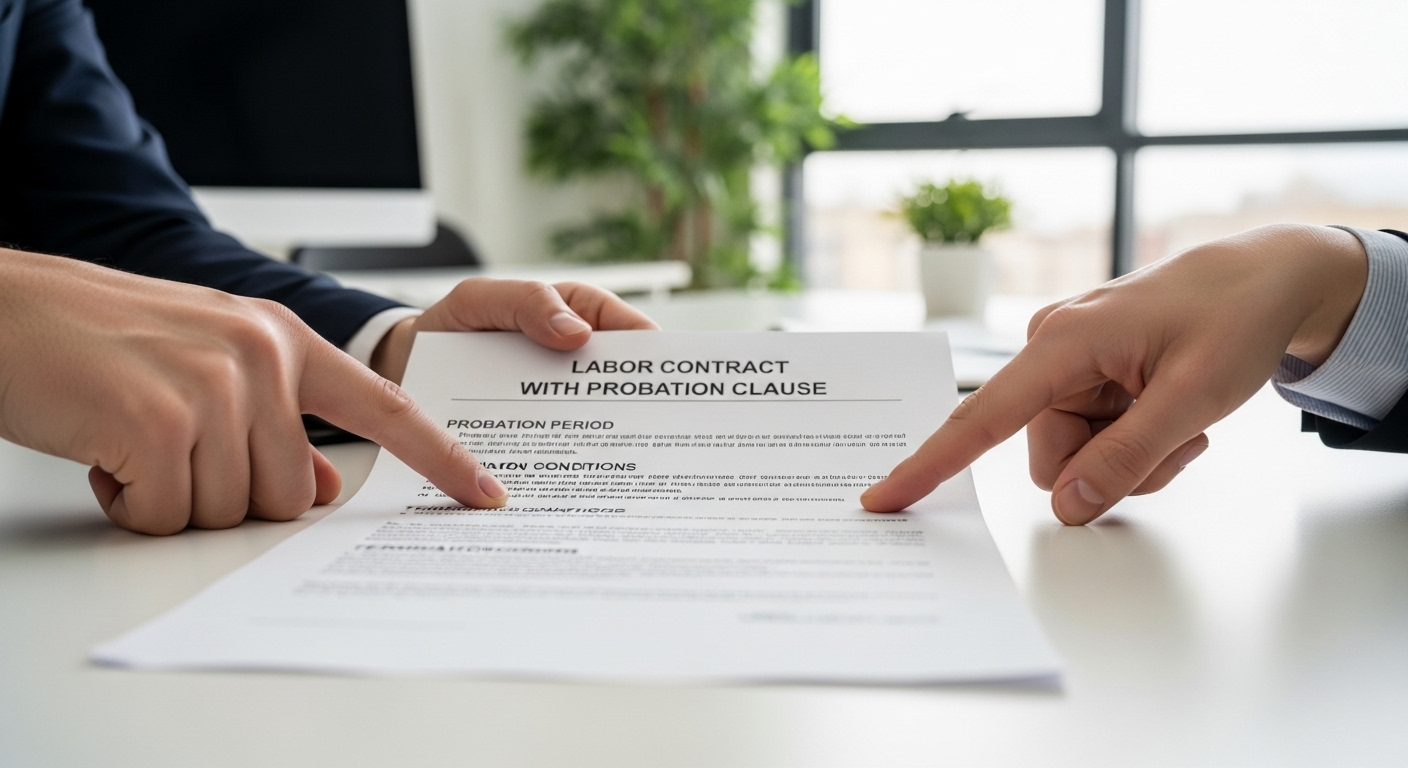 Hai bàn tay chuyên nghiệp chỉ vào các điều khoản trên hợp đồng thử việc đặt trên bàn văn phòng hiện đại, nhấn mạnh sự rõ ràng và đồng thuận.