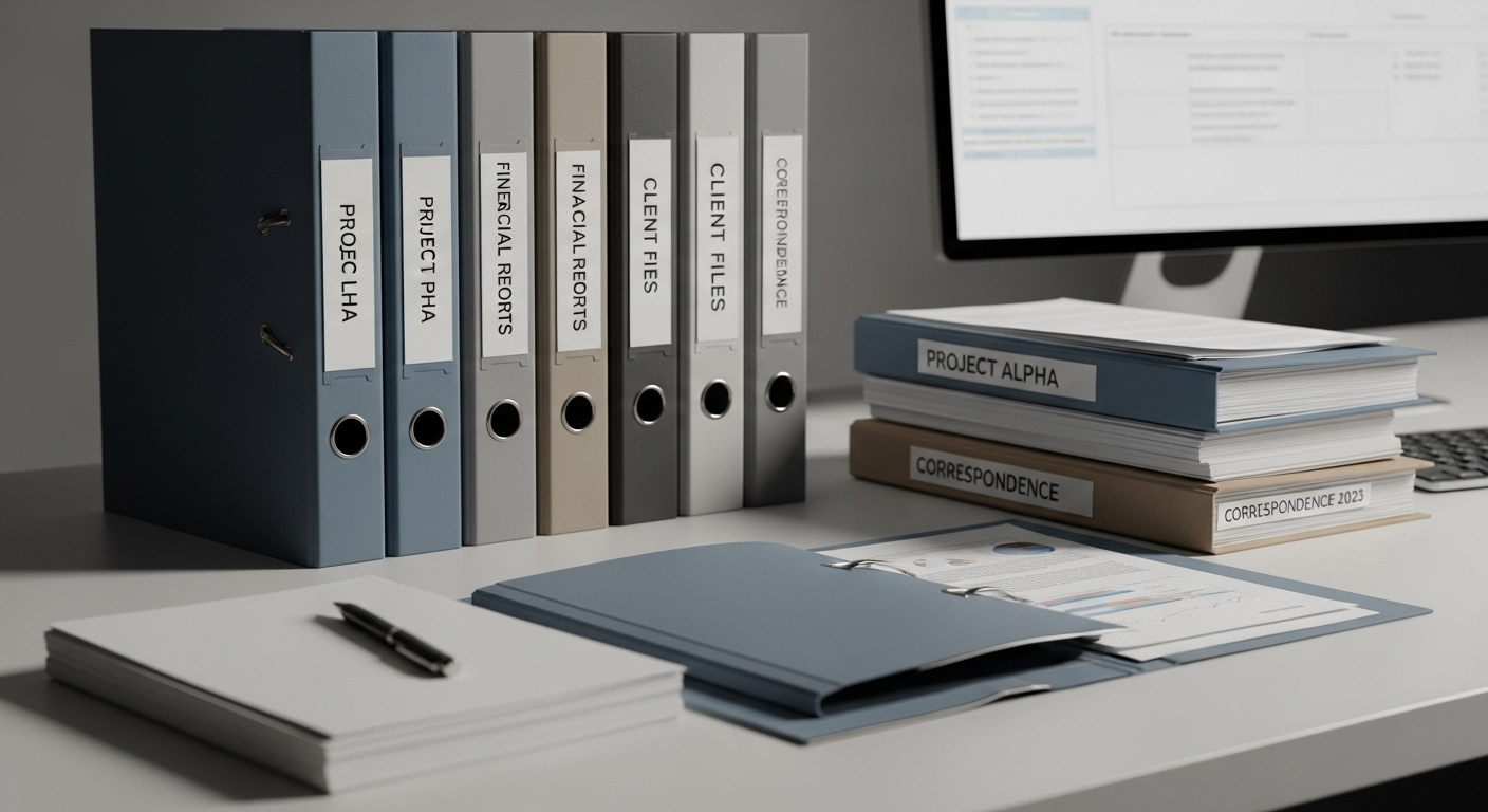 Hồ sơ hành chính nhân sự chuyên nghiệp, được sắp xếp gọn gàng trên bàn làm việc với màn hình quản lý dữ liệu mờ phía sau.