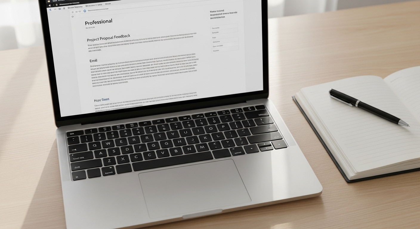 Laptop trên bàn làm việc tối giản hiển thị email chuyên nghiệp, minh họa cách từ chối nhà tuyển dụng một cách lịch sự và chu đáo, cùng sổ ghi chú và bút.