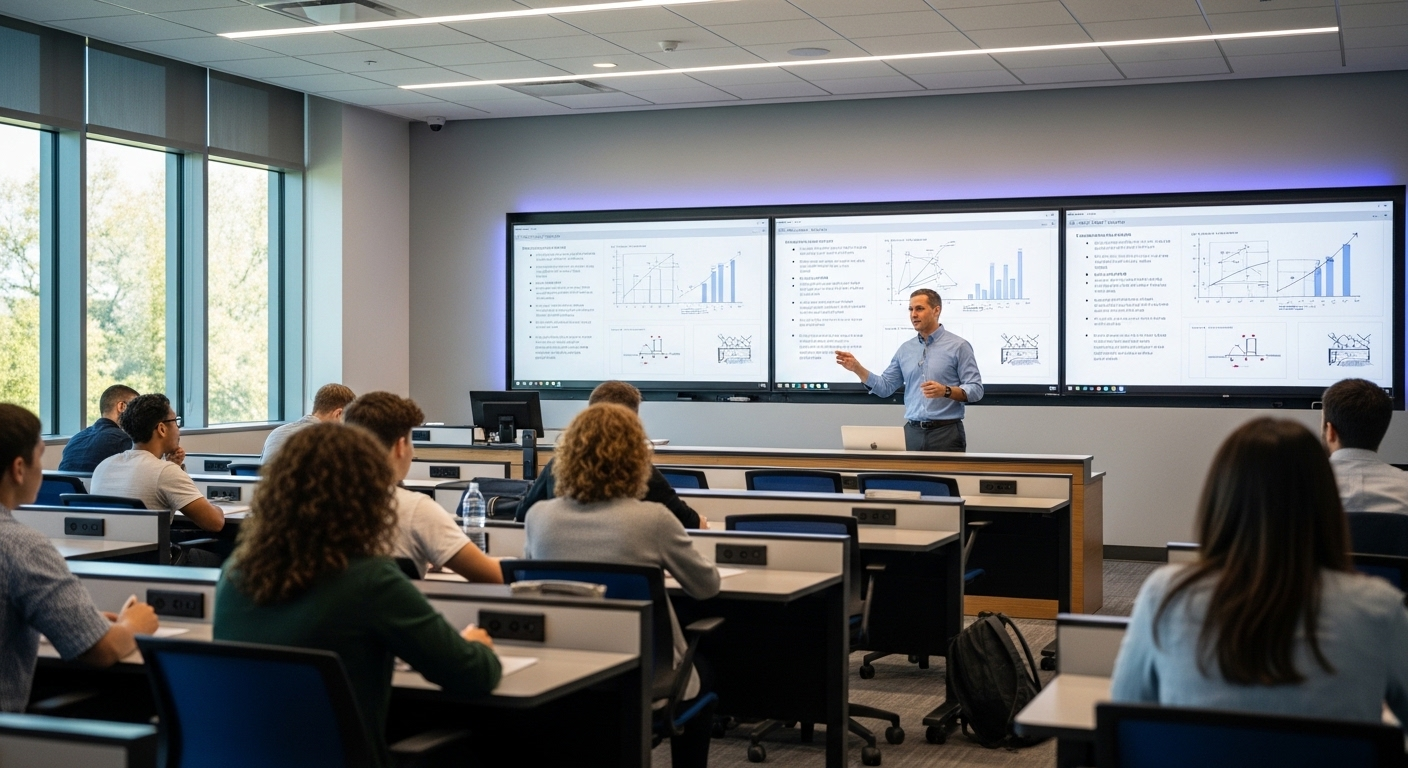 Giáo sư và sinh viên đa dạng tương tác trong lớp học đại học hiện đại, công nghệ cao, phản ánh môi trường học tập tiên tiến của các Top trường đại học ở Hà Nội.