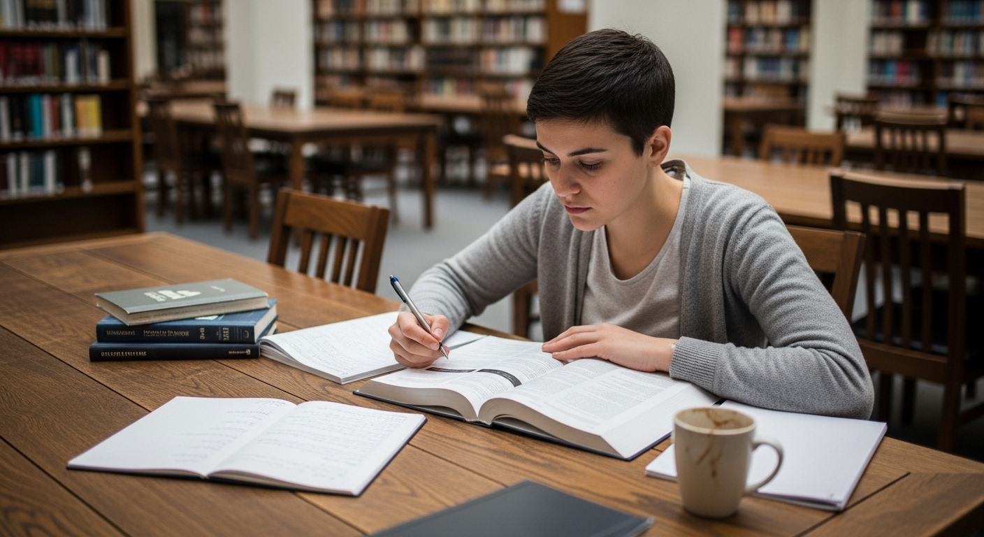 Sinh viên chăm chú học bài giữa không gian thư viện đại học hiện đại, hình ảnh quen thuộc của sự chuẩn bị cho tương lai học vấn, ví dụ như cân nhắc chi phí du học Phần Lan tự túc.