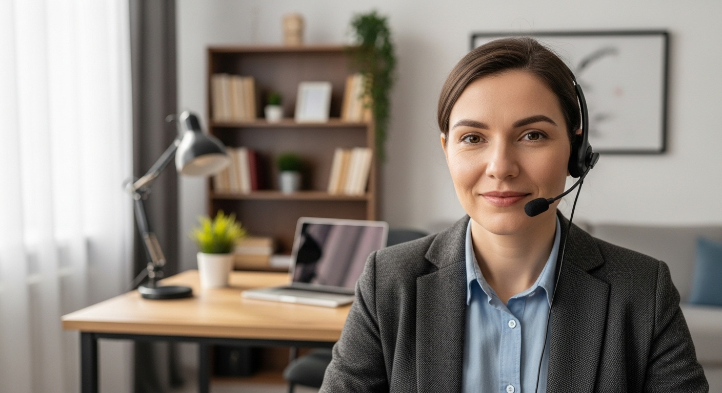 Một người đang phỏng vấn xin việc tiếng Anh online chuyên nghiệp qua video call, mặc trang phục công sở và đeo tai nghe tại không gian làm việc tại nhà gọn gàng.