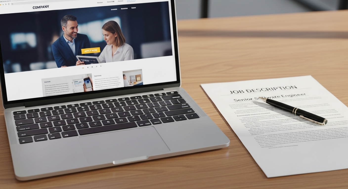 Bàn làm việc ngăn nắp với laptop, tài liệu mô tả công việc và bút, phục vụ việc nghiên cứu, chuẩn bị cho các câu hỏi phỏng vấn.