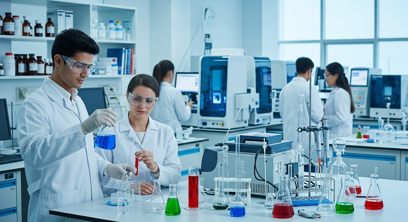 Học viên tại phòng thí nghiệm dược phẩm hiện đại, thực hành thí nghiệm với trang thiết bị chuyên dụng, thể hiện chương trình đào tạo chất lượng cao của trường Cao đẳng tốt nhất Hà Nội.