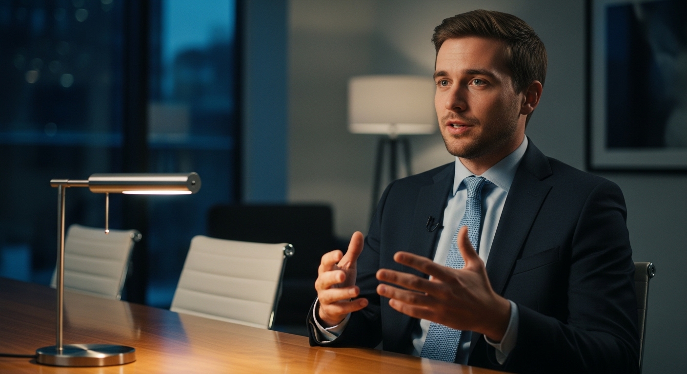 Ứng viên nam tự tin với cử chỉ tay, dáng vẻ tập trung, đang trình bày lưu loát cách trả lời câu hỏi tình huống phỏng vấn chuyên nghiệp trong buổi phỏng vấn xin việc.