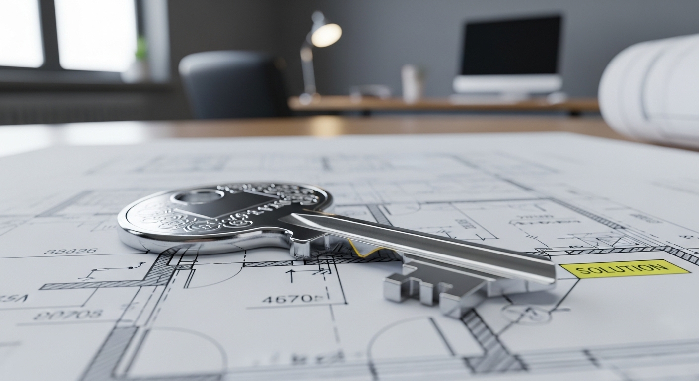 Chìa khóa bạc sáng bóng trên bản kế hoạch chi tiết, biểu tượng giải pháp tối ưu cho các câu hỏi phỏng vấn.