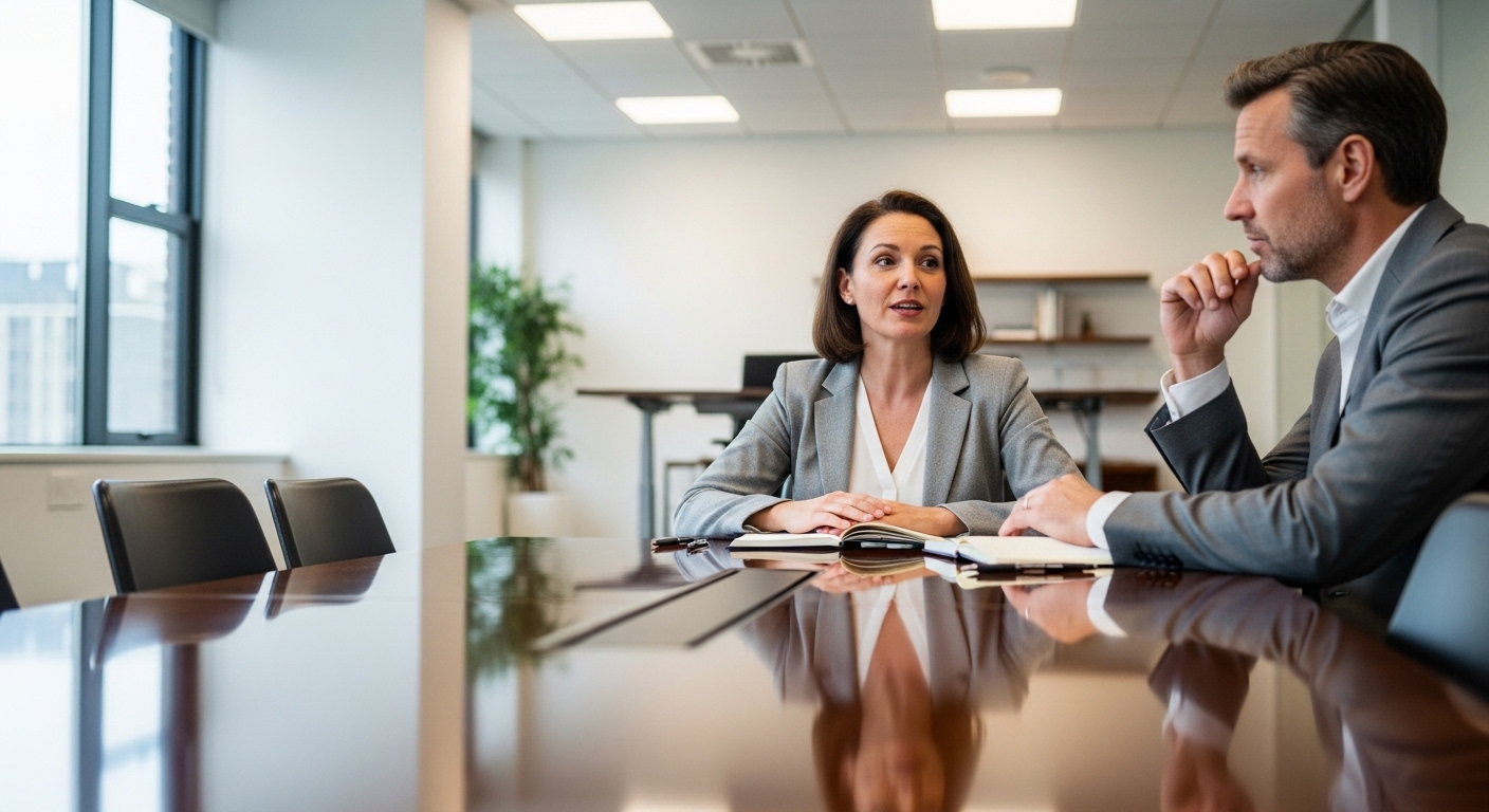 Hai chuyên gia tại bàn họp văn phòng hiện đại, người phụ nữ đang phát biểu và người đàn ông lắng nghe chăm chú, trao đổi về các câu hỏi phỏng vấn xin việc và kỹ năng tuyển dụng hiệu quả.