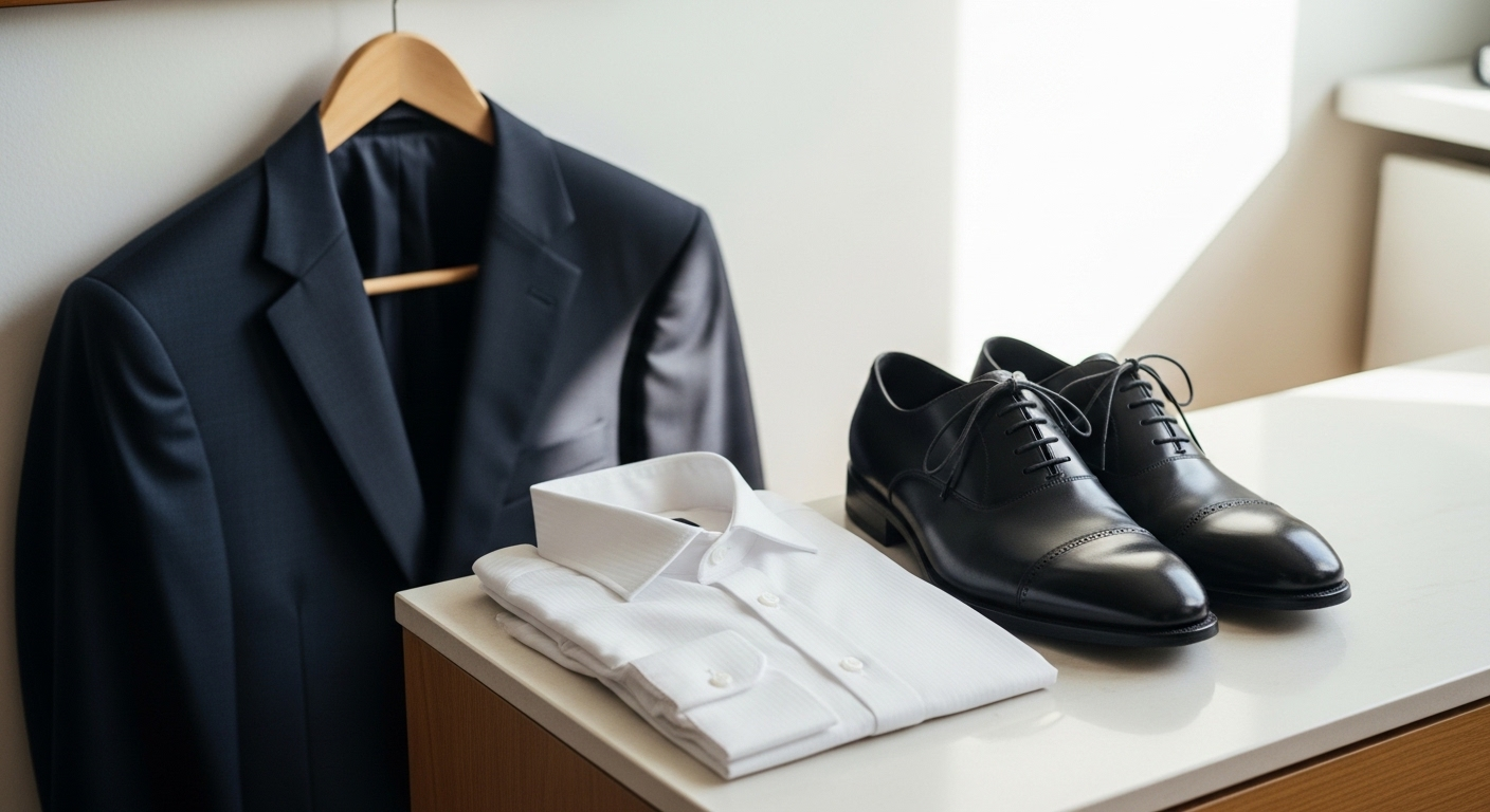 Áo vest, sơ mi trắng và giày tây chuyên nghiệp được sắp xếp gọn gàng, chuẩn bị cho buổi phỏng vấn quan trọng và các câu hỏi phỏng vấn.