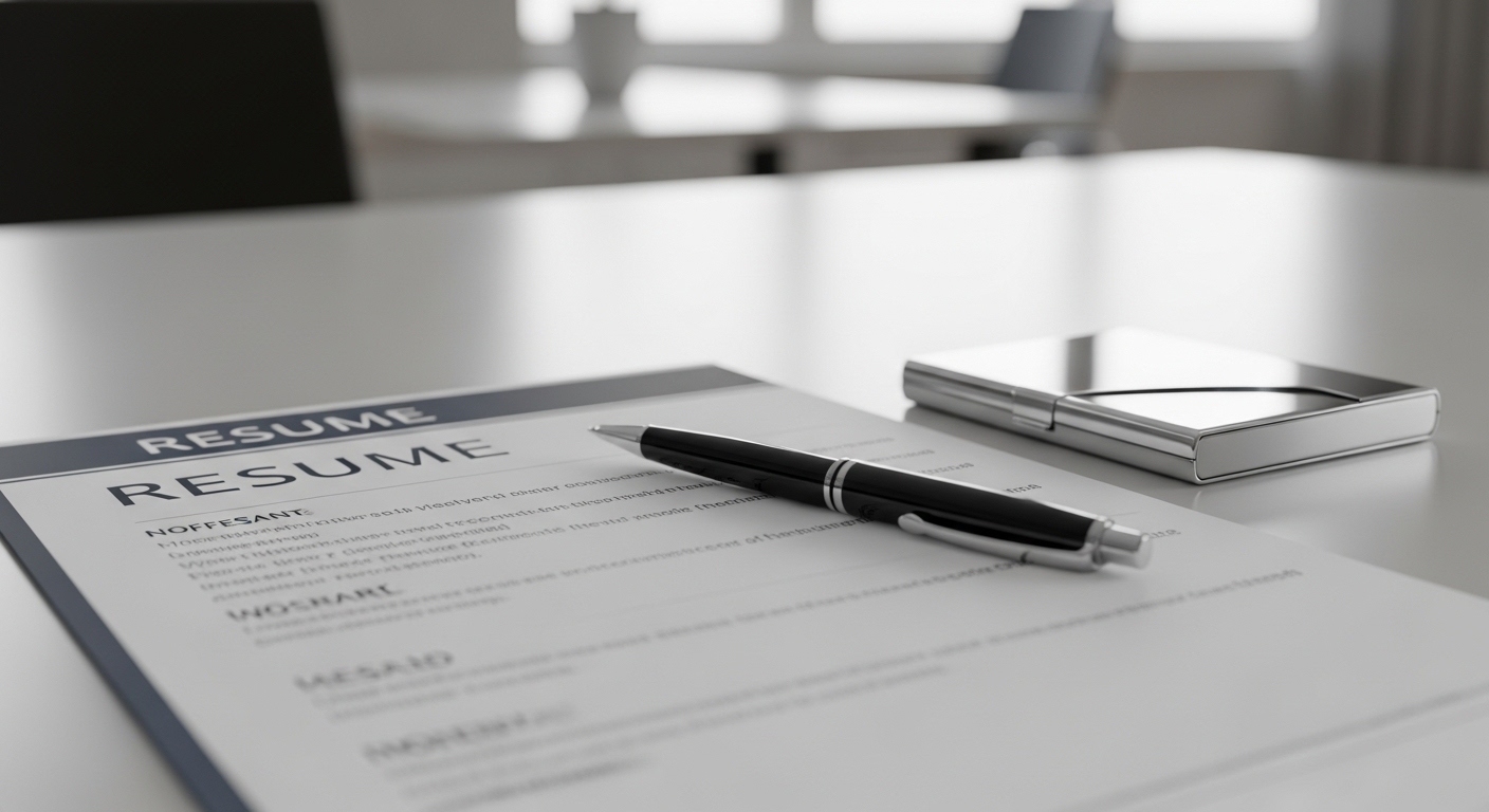 Sơ yếu lý lịch chuyên nghiệp, bút và hộp danh thiếp trên bàn sạch, thể hiện sự chuẩn bị sẵn sàng cho phỏng vấn. Gợi ý về kinh nghiệm phỏng vấn chuyên nghiệp.