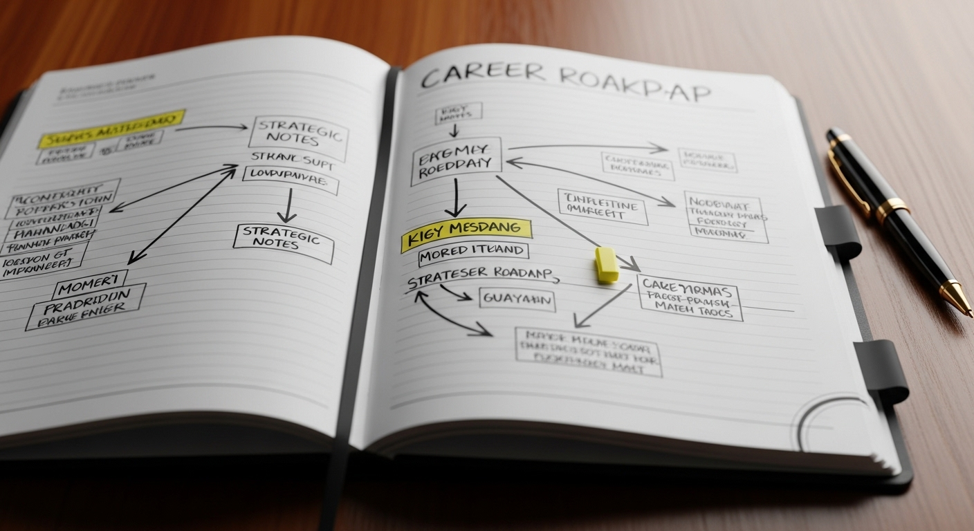 Sơ đồ lộ trình sự nghiệp viết tay chi tiết trên sổ kế hoạch, với các ghi chú chiến lược giúp bạn tự tin chuẩn bị, đặc biệt là cách giới thiệu bản thân khi phỏng vấn.