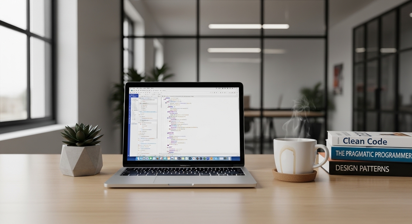 Bàn làm việc tối giản với laptop hiển thị code TypeScript, sách phát triển chuyên nghiệp và ly cà phê, tạo không gian lý tưởng để ôn luyện các câu hỏi phỏng vấn Angular Developer.