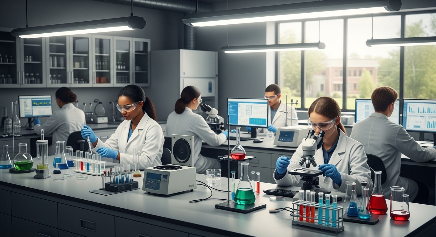 Sinh viên mặc áo lab làm việc tỉ mỉ trong phòng thí nghiệm đại học hiện đại với thiết bị khoa học, minh chứng chất lượng đào tạo của các top trường đại học công lập Hà Nội.