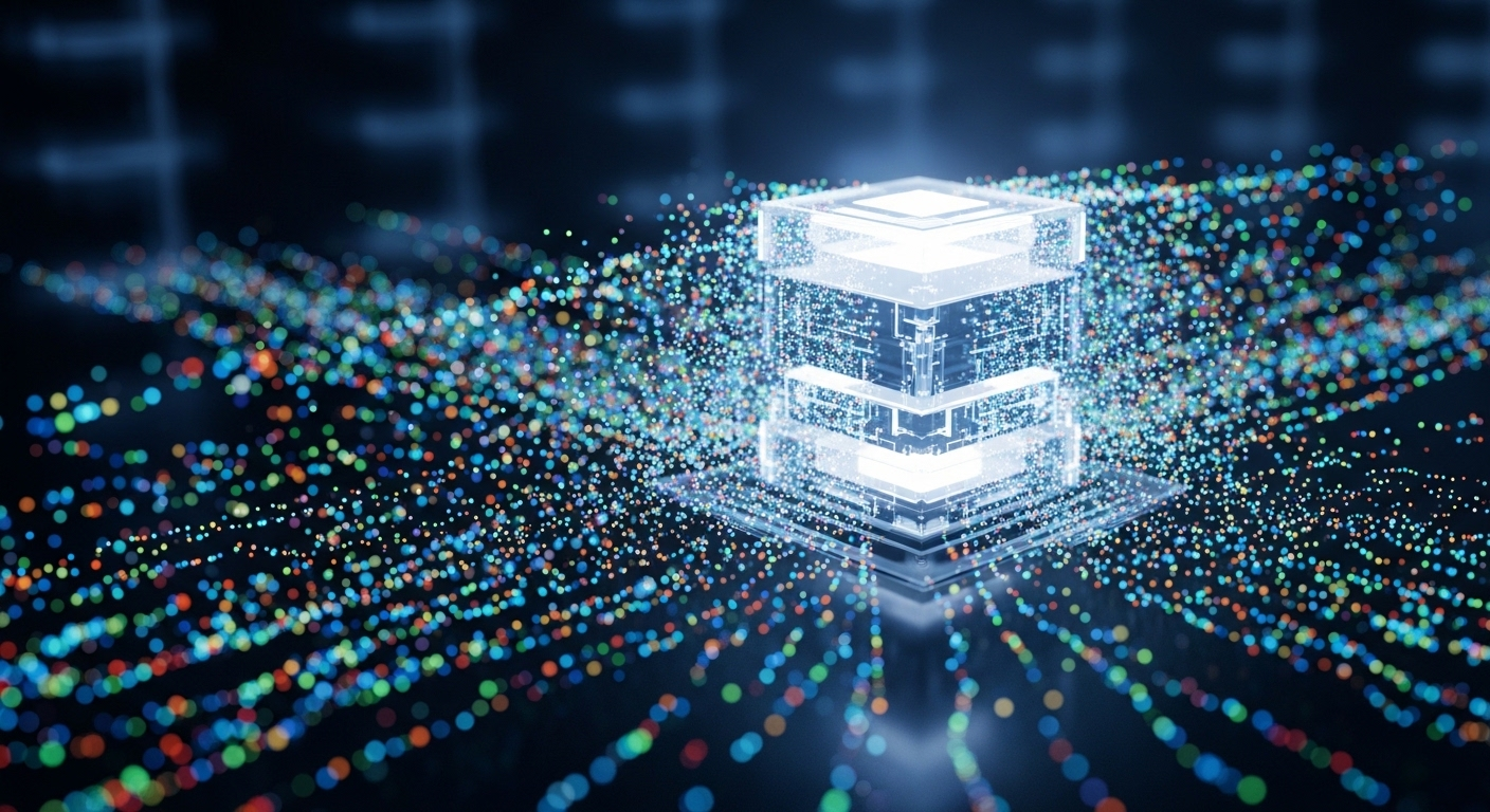 Dữ liệu kỹ thuật số sống động chảy vào cơ sở dữ liệu trung tâm, gợi nhắc các chủ đề quan trọng cho câu hỏi phỏng vấn Laravel về xử lý và lưu trữ dữ liệu.