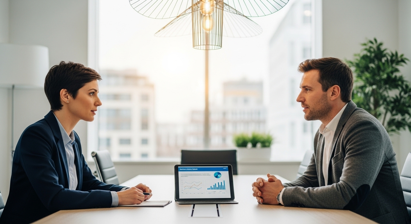 Buổi phỏng vấn chuyên nghiệp tại văn phòng hiện đại, hai người đang thảo luận tập trung xung quanh máy tính bảng hiển thị các câu hỏi phỏng vấn React Native.