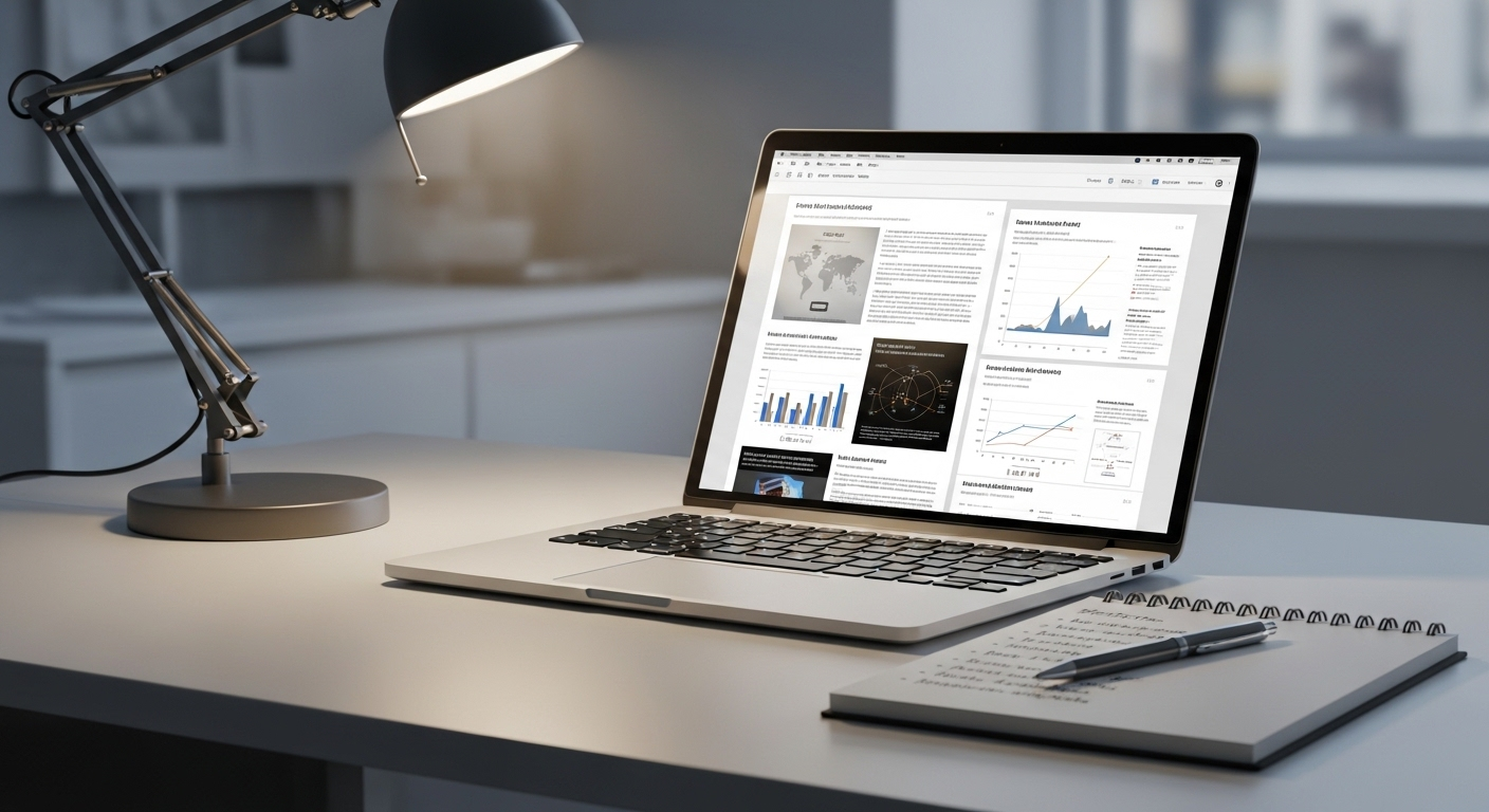 Bàn làm việc gọn gàng với laptop mở hiển thị tài liệu chuyên nghiệp, cùng sổ tay ghi chú các điểm chính về câu hỏi phỏng vấn và cách trả lời.