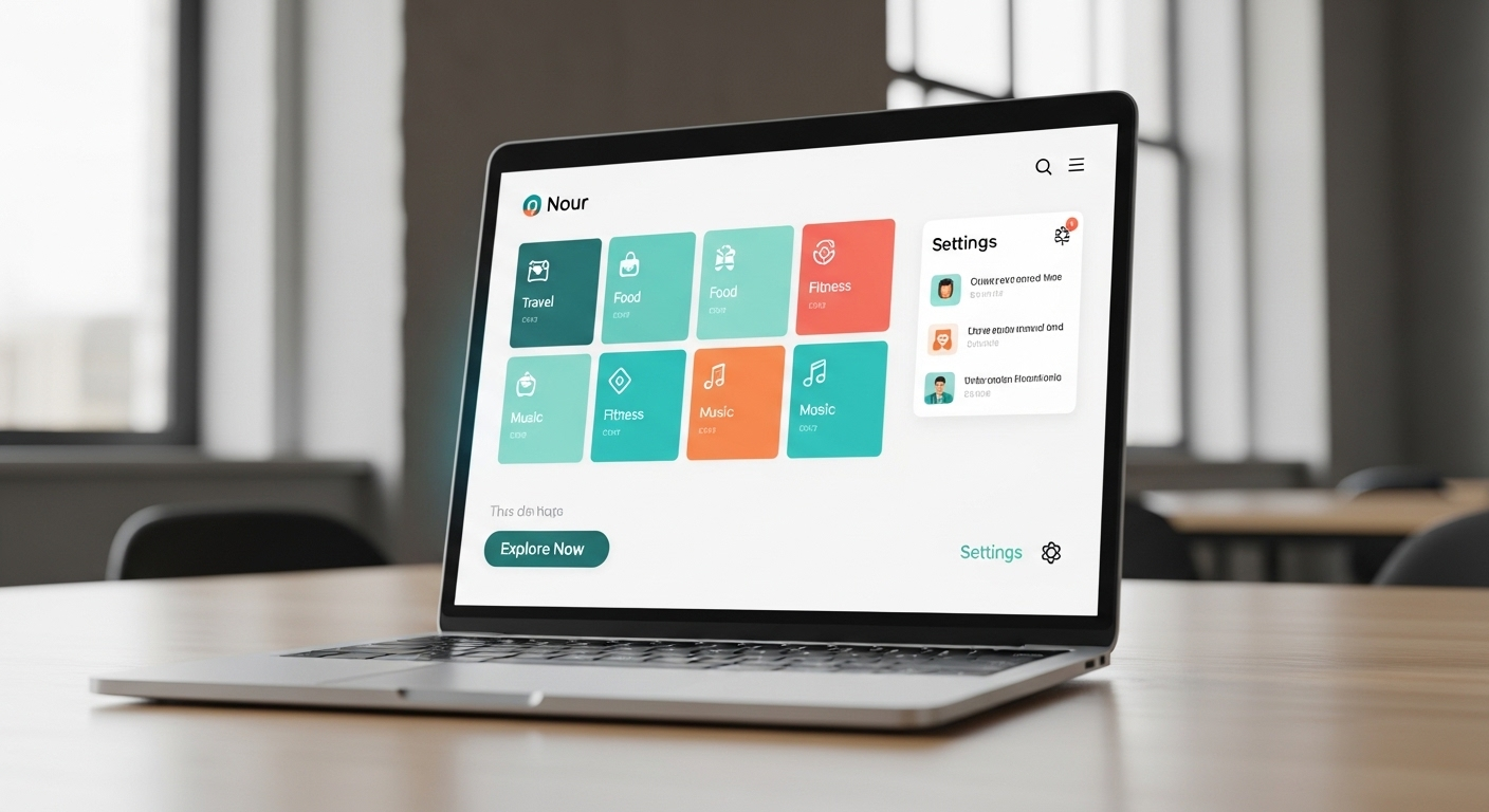 Màn hình laptop hiện đại hiển thị một maket giao diện ứng dụng di động đầy màu sắc và chi tiết, với các yếu tố đồ họa, văn bản và nút bấm được sắp xếp rõ ràng. Hình ảnh này là minh họa trực quan giúp bạn hiểu rõ Maket là gì trong thiết kế UI/UX chuyên nghiệp.